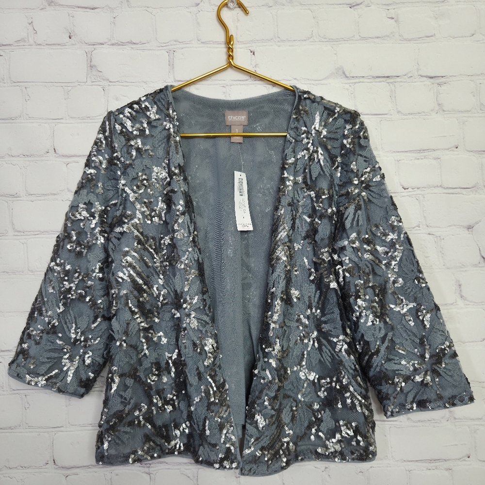 Chicos Soho Sequin Floral Lace Embellished Jacket Cover Up Size 1
